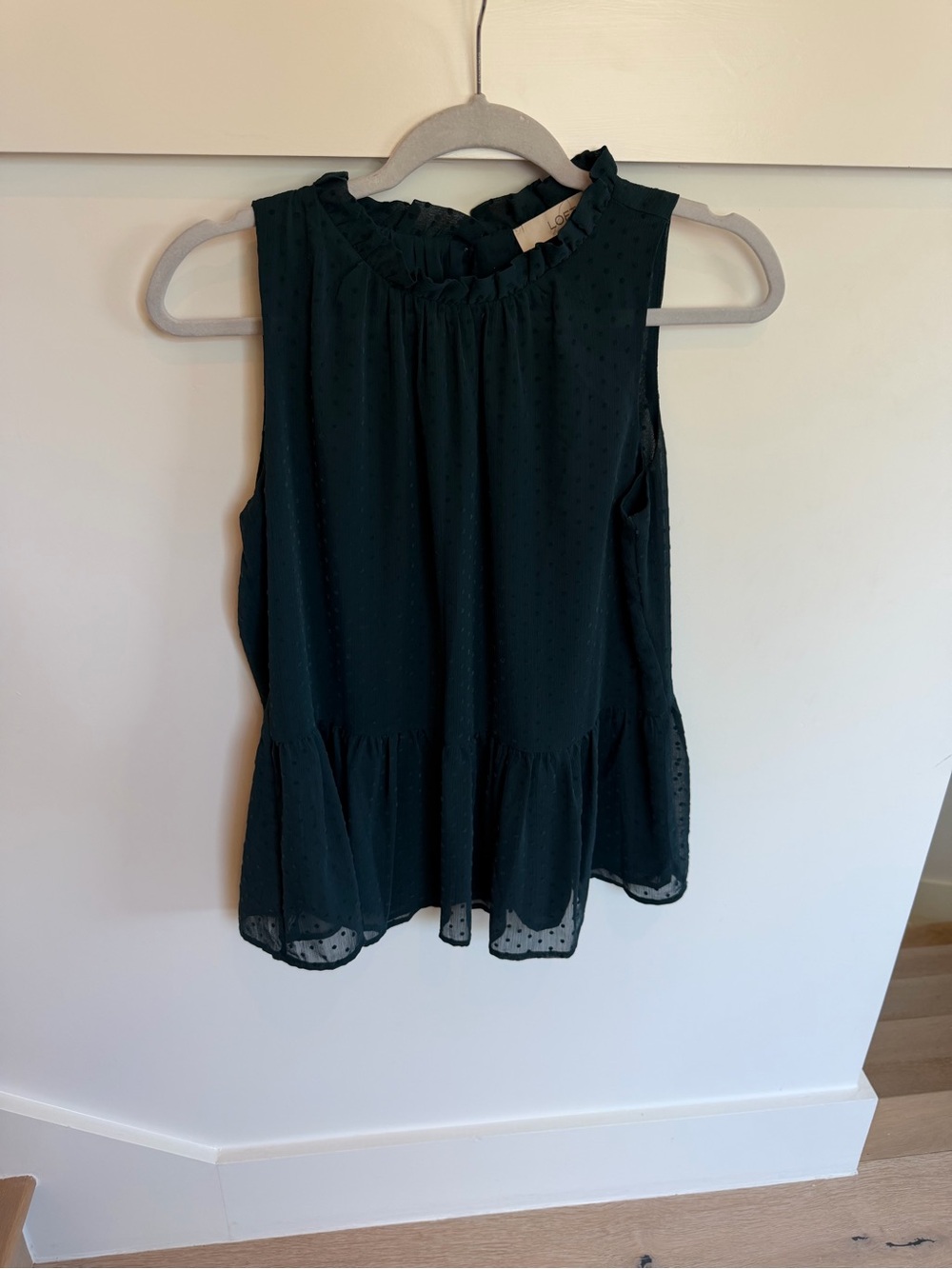 Loft Sleeveless Emerald Green Swiss Dot Ruffle Neck Peplum Top